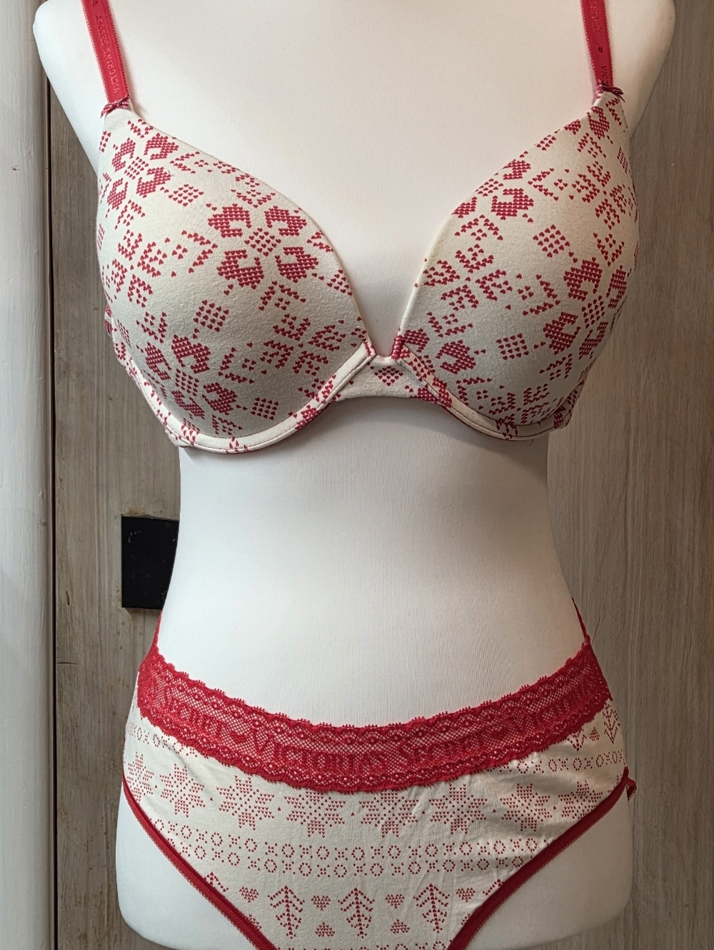 Victoria's Secret Red and Cream Patterned Bra & Two Panty Three-Piece Set NWT